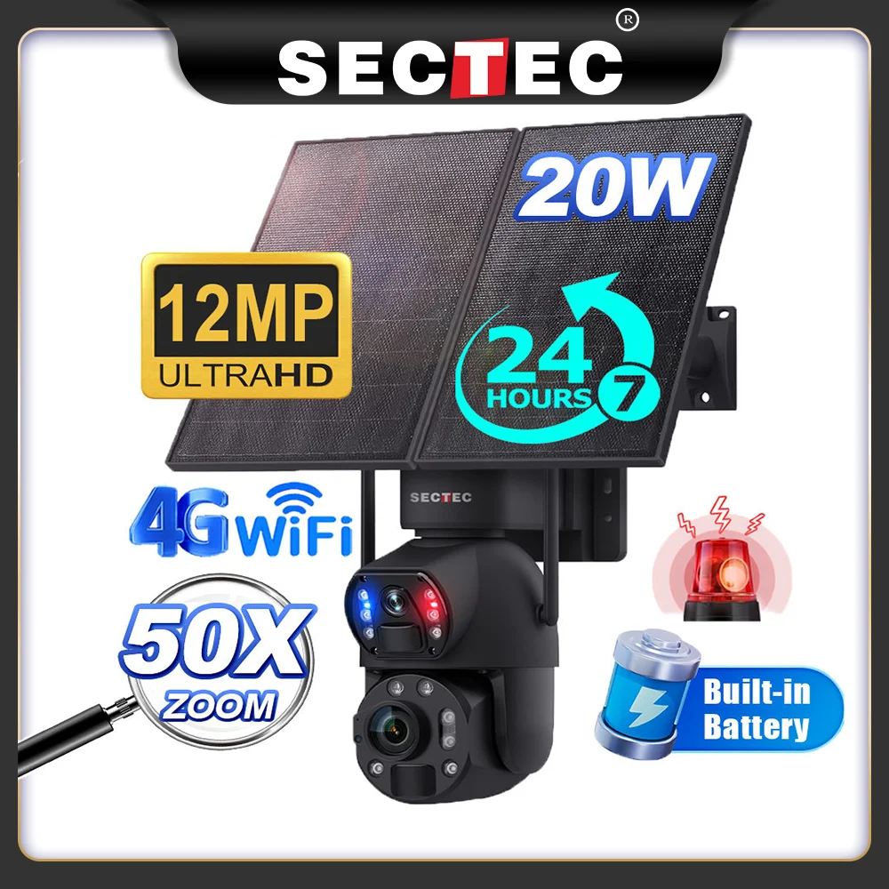 كاميرا SECTEC 50X Zoom 20W 4G Sim الشمسية خارجية 360 درجة ° كاميرات مراقبة لاسلكية تعمل بالبطارية WIFI، لوحة شمسية، رؤية ليلية ملونة PIR #1
