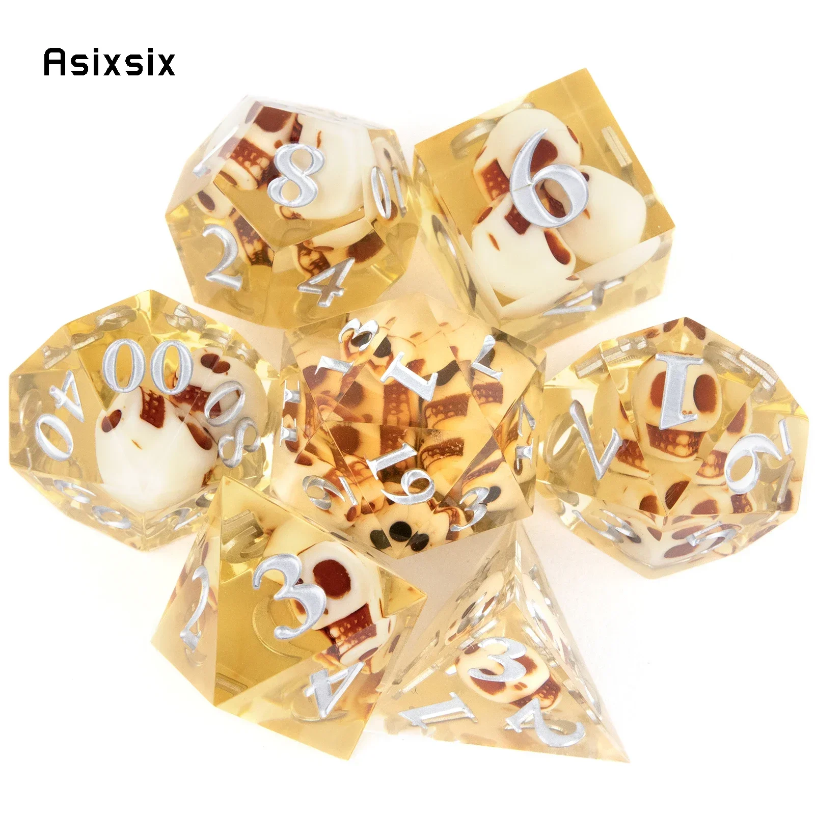 

7 Pcs Yellow Skull Resin White Number Sharp Edge Dice Polyhedral Dice Suitable For Role-Playing Dice PropBoard Game Gift