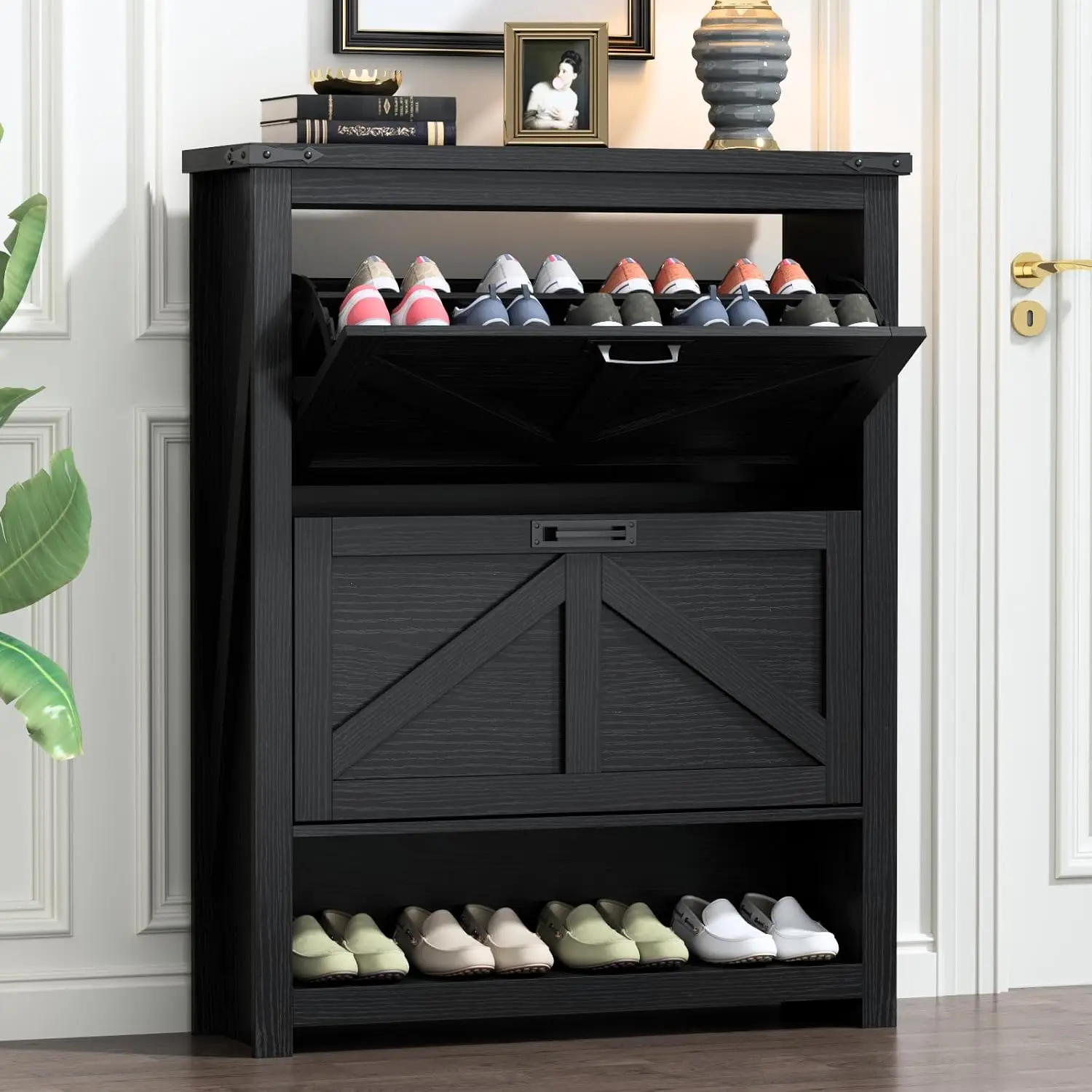 

Farmhouse Shoe Cabinet, Free Standing Tipping Bucket Rack Organizer with 2 Flip Drawers, Entryway Narrow Storage, Black