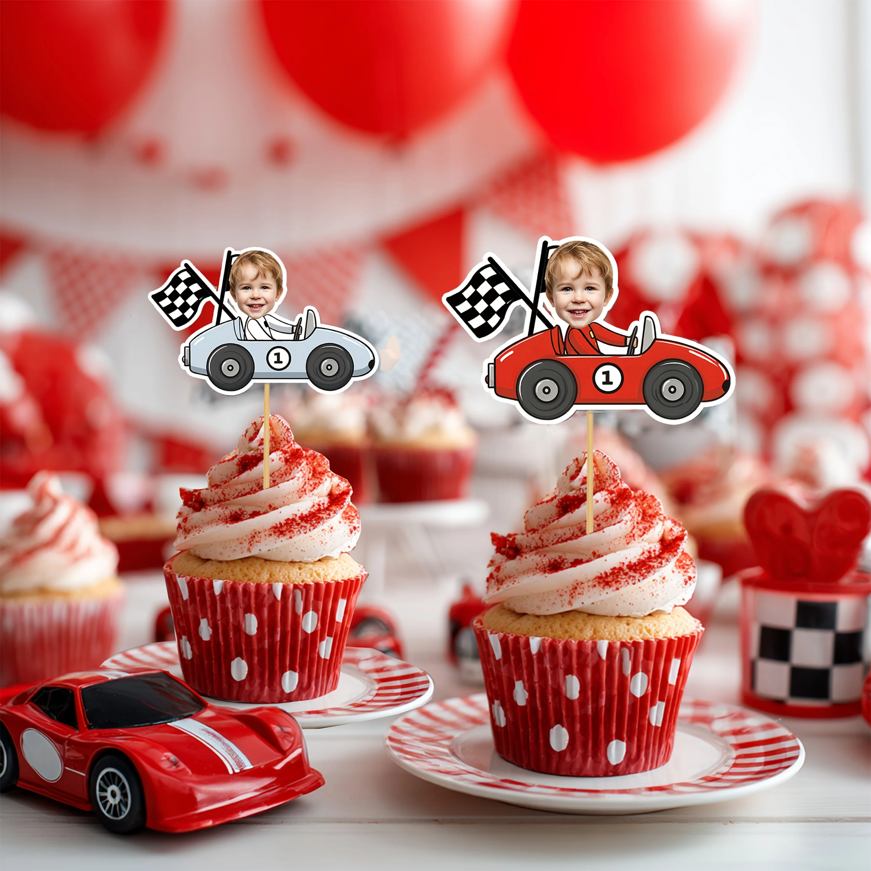 Personalized Racing-Themed Cupcake Decorations, Custom Racing Driver Face Cupcake Toppers, Suitable for 1St, 2Nd, and 3Rd Birthday Party Cake Decorations, Let's Go Racing Sports-Themed Supplies, Fast One/Two-Themed Racing Birthday Celebrations view 3