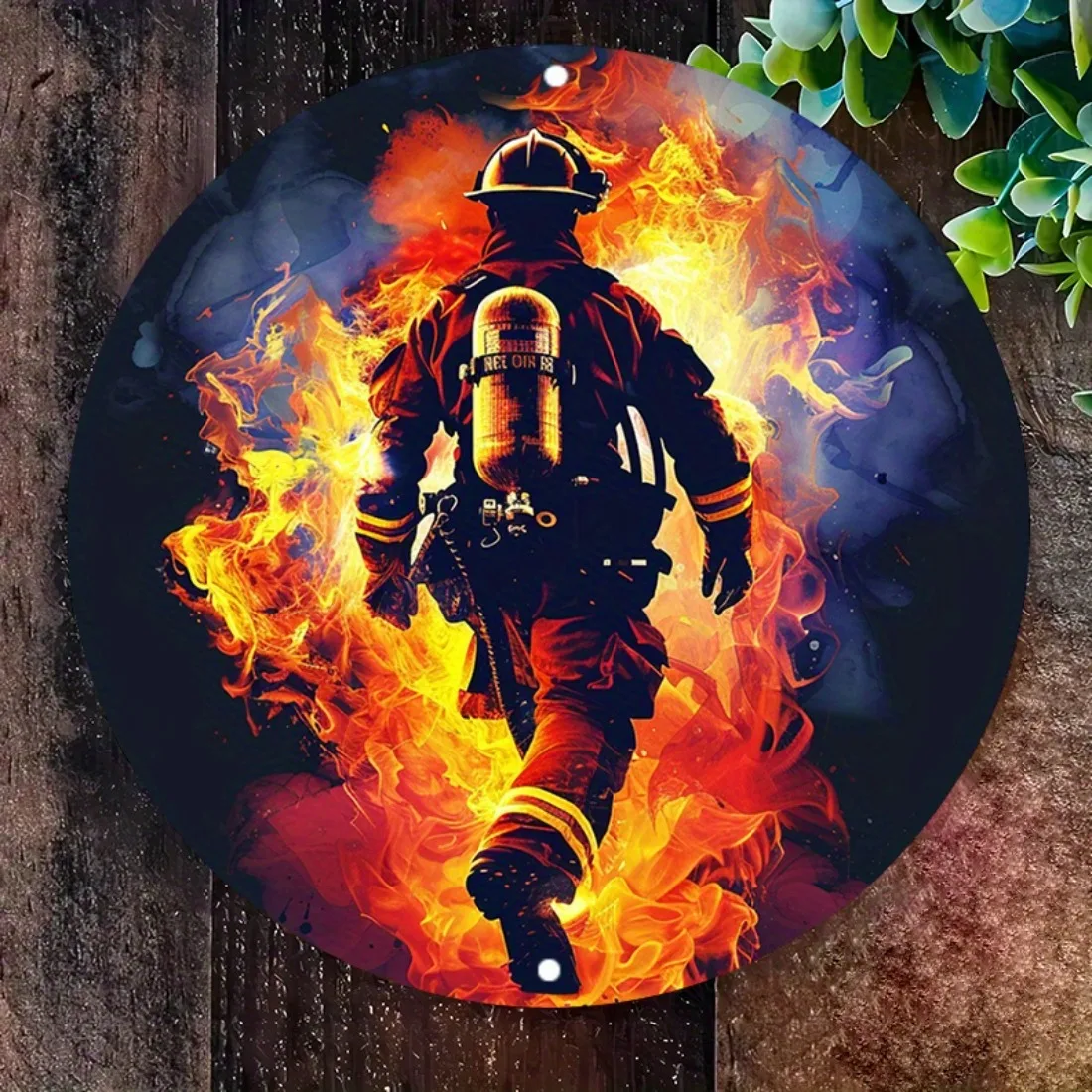 **2D-Flugzeug-Feuerwehrmann-Metallschild – 7,9 Zoll runde Wandkunst aus Aluminium für Zuhause, Café, Badezimmer**