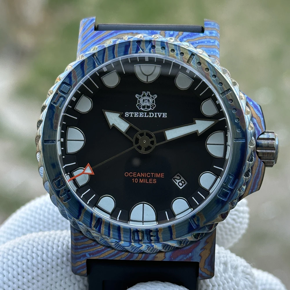 STEELDIVE Men Automatic Watch 46.5mm Mechanical Wristwatch Titanium Damascus Case Diver 1000ATM BGW-9 Luminous Sapphire NH35