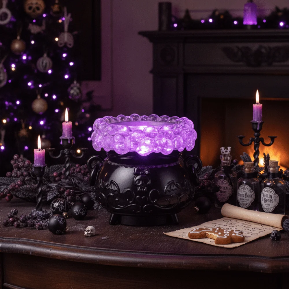 Color-Changing LED Lights Halloween Glowing Bubble Witch Crucible with Remote Control Relief Pattern Crucible Candlestick Resin