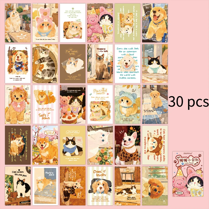 30-Piece Cute Pet Theme Student Memorial Message Cards, Adorable Cat/Dog/Rabbit Designs, Blank for Wishes & Souvenir