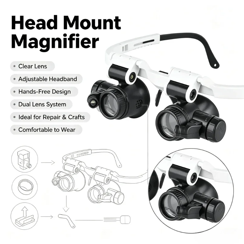Adjustable LED Light Head Mounted Magnifying Glass 8X Jewelry Loupe for Welding Soldering Hands Free Magnifier