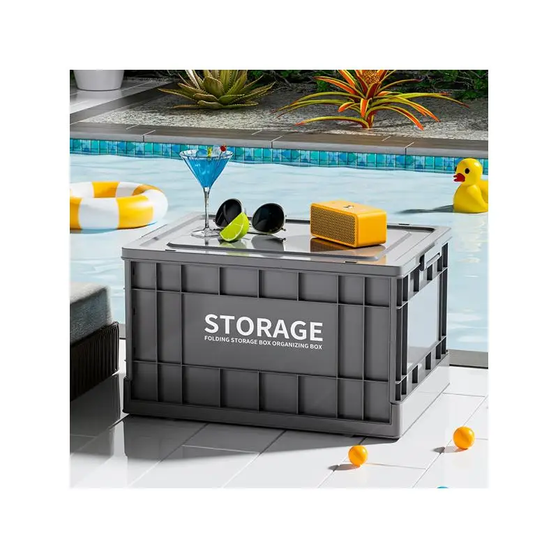 

44L Storage Bin with Lid, Stackable Collapsible Tote for Garage, Outdoor, Organization, with Wheels, Dark Grey