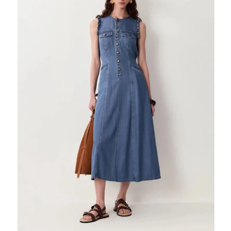 

Vintage Indigo Round Neck Sleeveless Cotton Linen Dress Summer New French Elegant Casual Dress Women'S Clothing