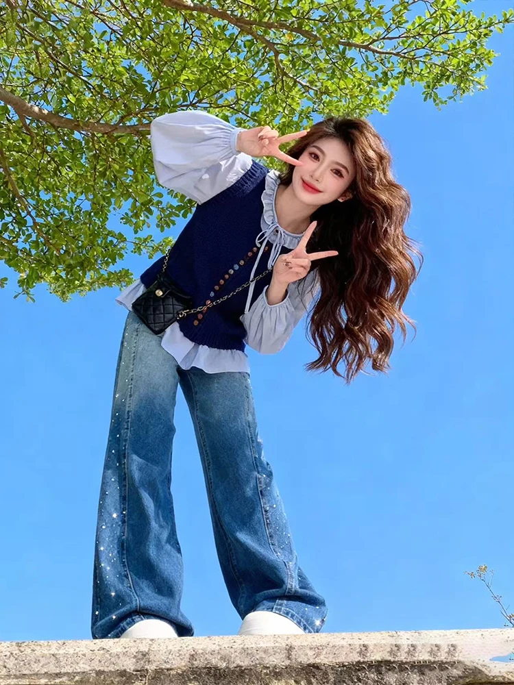 

Комплект из двух предметов Laid-ba: джинсовая рубашка Color Blo и широкие джинсы для женщин, ранняя весна, антивозрастной эффект, премиум-класс