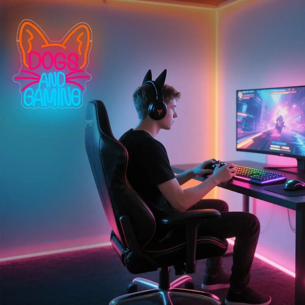 Dogs And Gaming Neon Sign LED Wall Art USB Powered Acrylic Cat Ears Glow Lamp Game Room Bedroom Pet Lover Streamer Decor