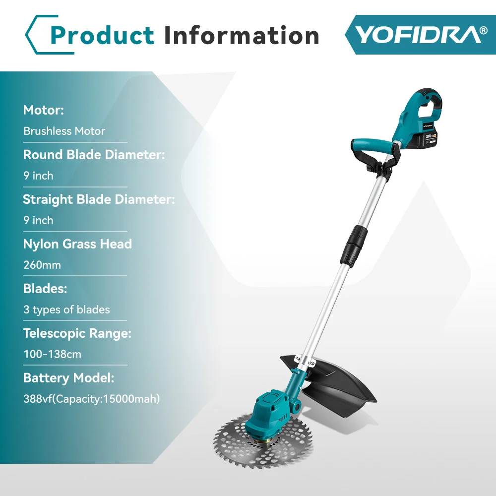 YOFIDRA 9 Inch Brushless Electric Lawn Mower Length Adjustable Cordless Garden Grass Weeding Tools For Makita 18V Battery