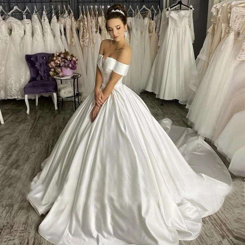 ANGELSBRIDEP Luxury Ball Gowns Wedding Dresses Off-Shoulder Satin Floor Length Vestido De Noiva Formal Bridal Gowns Cheap