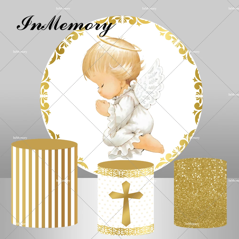 Baptism First Holy Communion Party Round Backdrop Cover Gold White Angel Circle Background Glitter God Bless Cylinder Covers