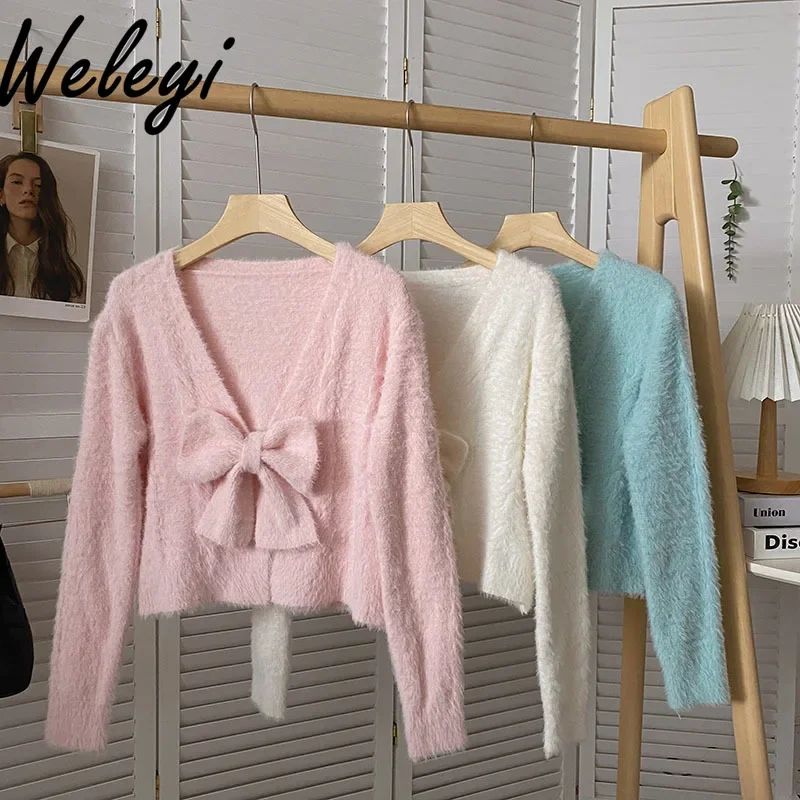 Sweet Girly Pink Imitation Mink Fleece Sweaters Women's Autumn and Winter Korean Style Loose Long Sleeve Knitted Sweater Top