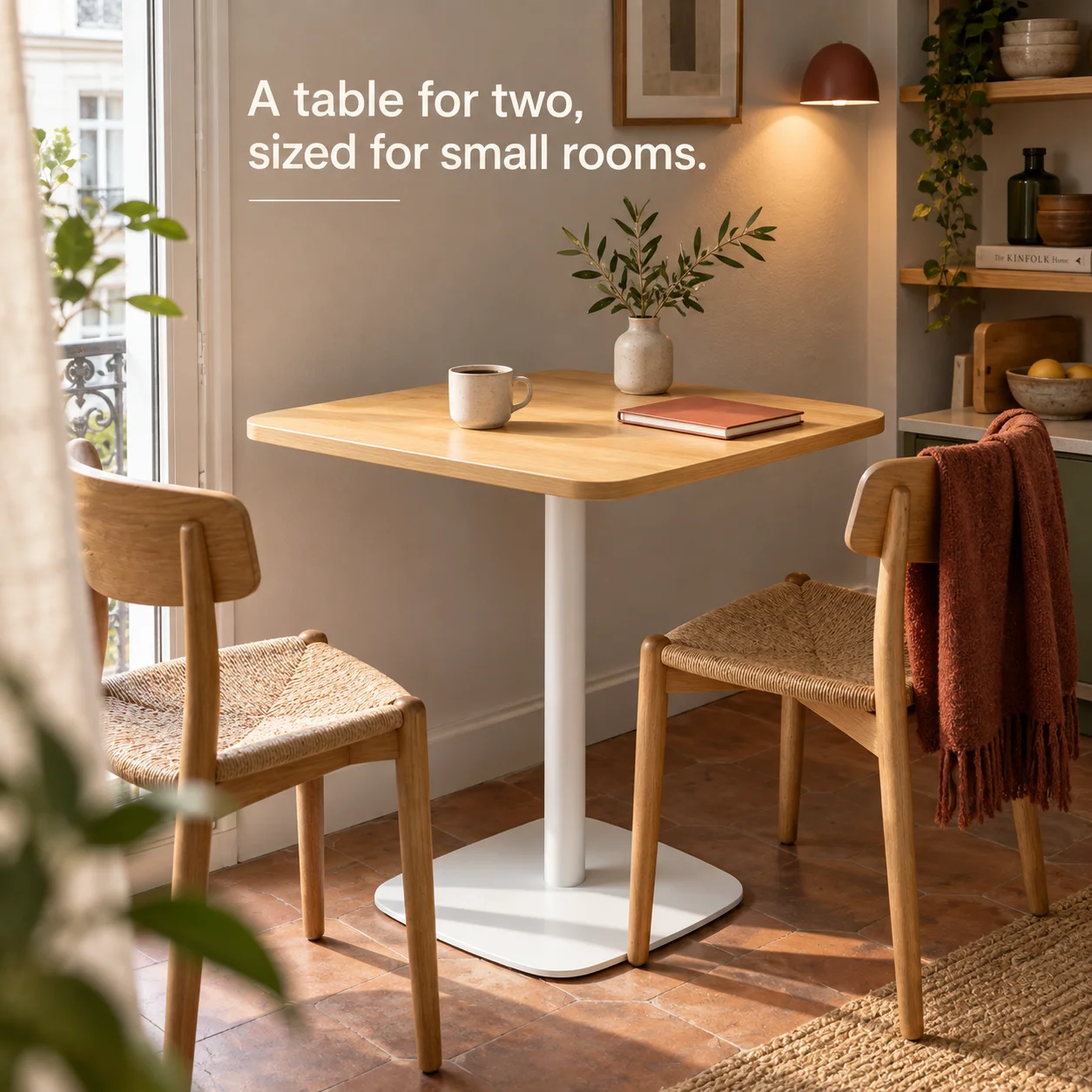 Tavolo da pranzo quadrato per 2 persone, tavolo da cucina di piccole dimensioni, piano effetto legno, base quadrata, 60x60x75 cm, effetto legno naturale.
