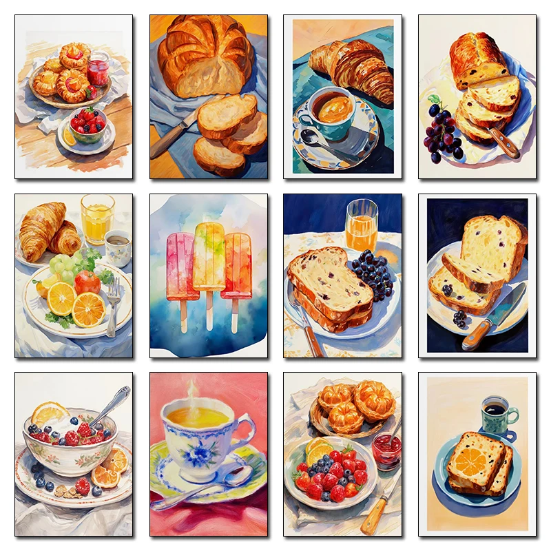 1 pieza de lienzo sin marco, póster impreso de arte de pared con motivos de Croissant, Brioche, Sorbete de Fresa, Helado, Pan y Donut, para decoración del hogar y habitaciones.
