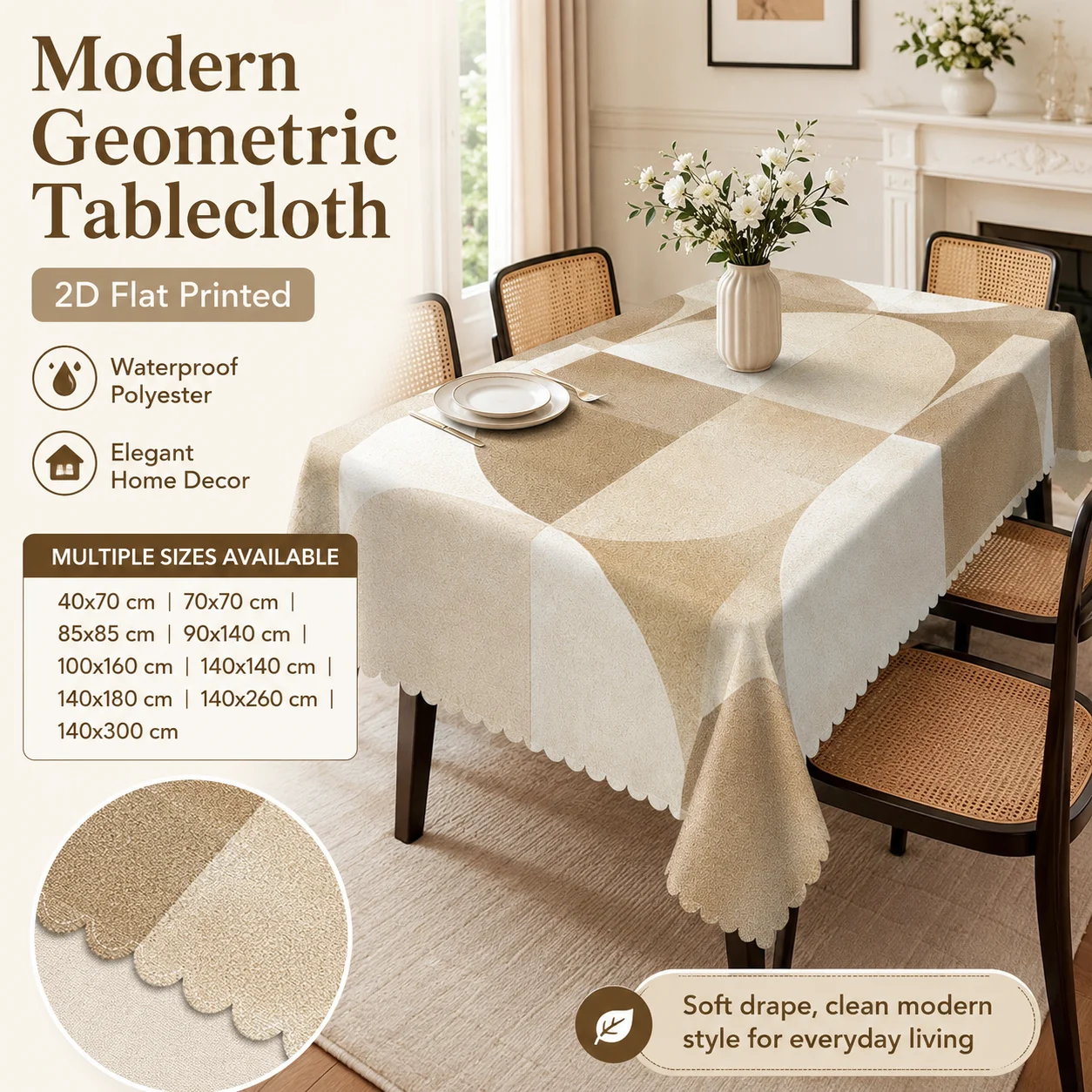 

Elegant Beige Geometric Tablecloth Waterproof Polyester 2D Flat Printed Decorative Table Cover For Home Banquet Party Dining