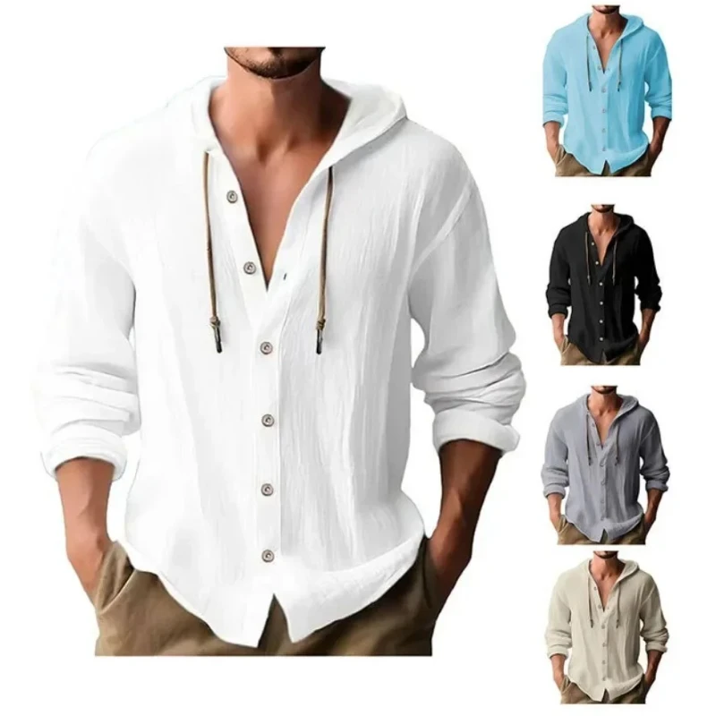 

Men's Cotton Linen Shirts Autumn Long Sleeve Solid Color Hooded Cardigan T-shirt Men Blouse Sweatshirts Hawaiian Hoodies Shirts