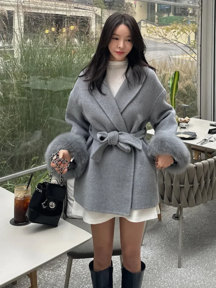 

Модное шерстяное пальто с лацканами и v-образным вырезом, женское шикарное однобортное свободное пальто на шнуровке с карманами, новинка 2025 года, женская повседневная уличная верхняя одежда