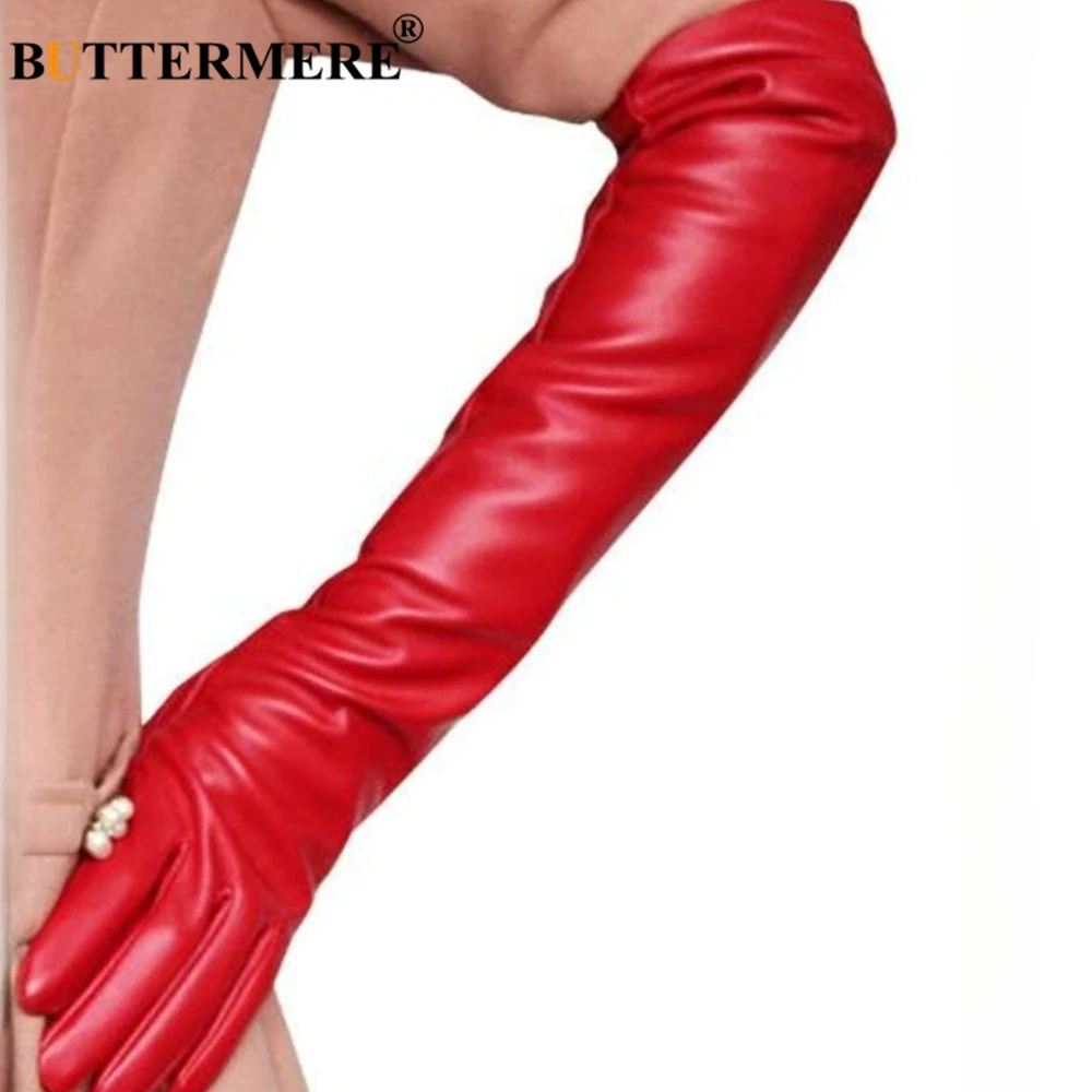 

50 Cm Red Long Gloves Women Pu Leather Solid Black White Coffee Autumn Winter Fashion Ladies Elbow Length Gloves New Design