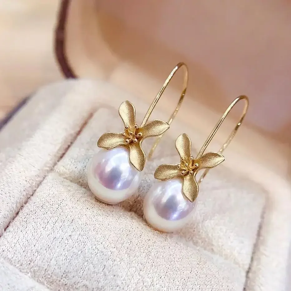 

DSHIJOJ 7mm-7.5mm Saltwater Pearl Women Earrings 18K Gold Long Hook Petal Shape Akoya Pearl Earrings Au750 Stamp