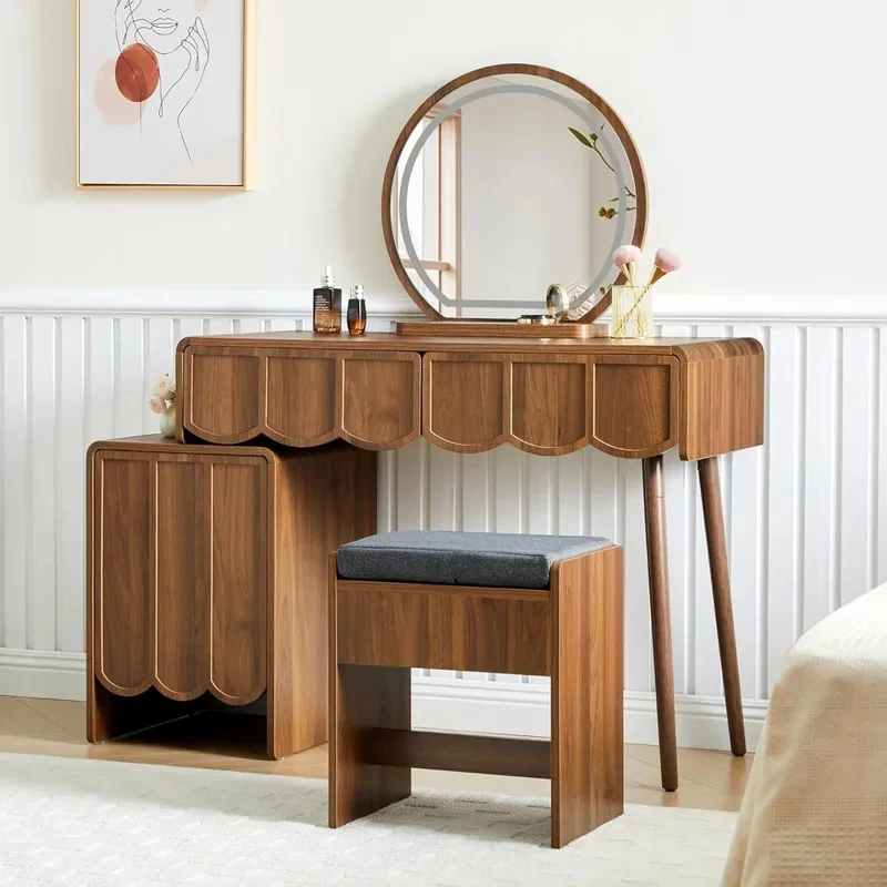 Dk Mirror Lights, Modern Wood Wave Panel Vanity Dk Set Makeup with Drawers and Cinet, Drsing Tle