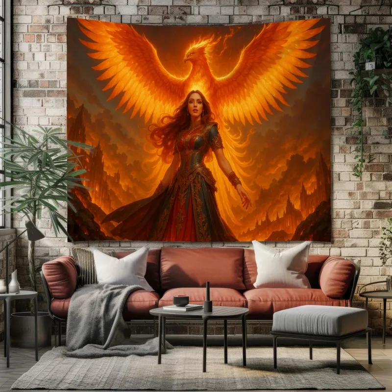 VIKAMA Phoenix Goddess Tapestry Wall Hanging Fire Wings Woman Flame Fantasy Aesthetic Wall Art Bedroom Living Room Decor