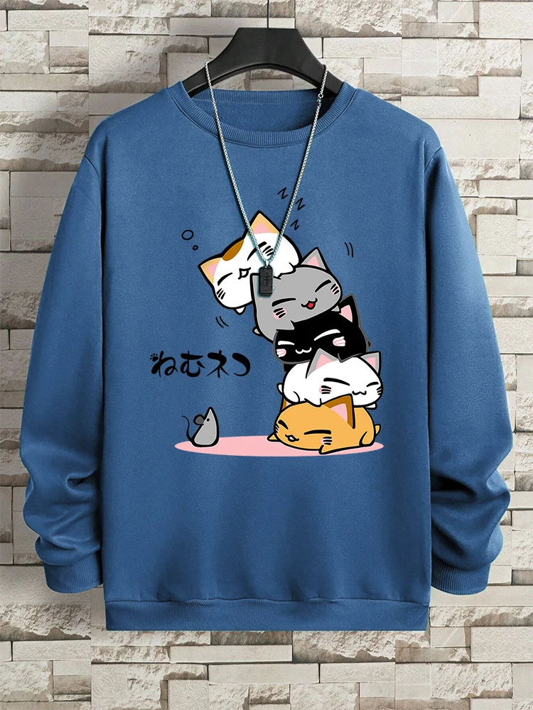 Cute Stacked Cats Sleep Clothing Man Hoody Hip Hop O-Neck Sweatshirts Vintage Casual Loose Hoodies Autumn New Loose Clothes