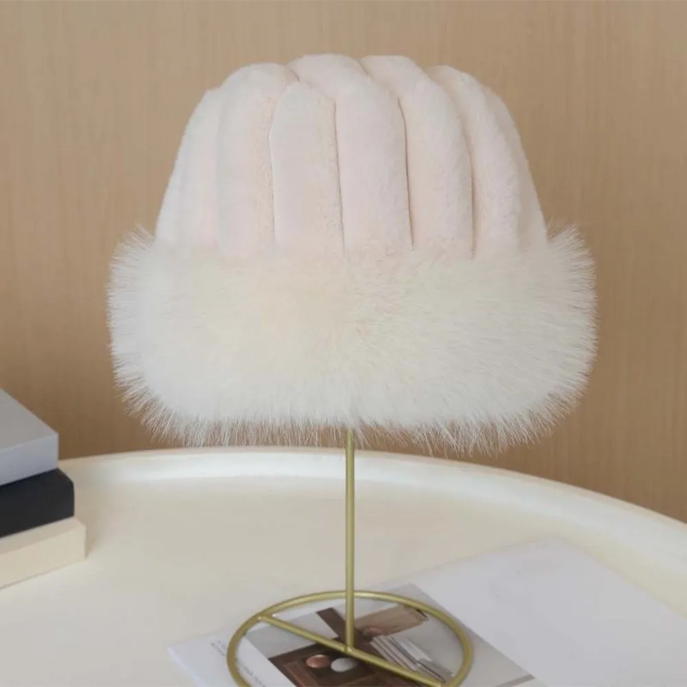Vertical Texture Striped Fur Hat Fleece Lining Windproof Puffy Bucket Cap Faux Fur Brim Thermal Insulation Plush Trapper Hats