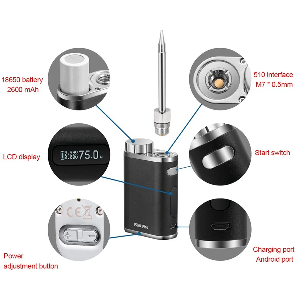 Imagem -05 - Ferro de Solda Recarregável Portátil Bateria Usb Potência 1w75w Ferro de Solda ao ar Livre com Pontas Preto