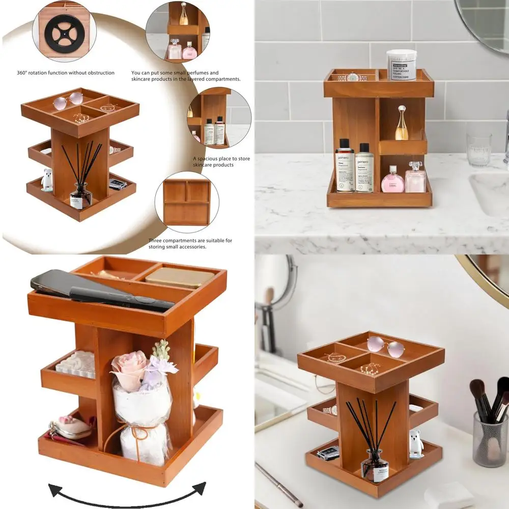

360 ° Поворотный органайзер для макияжа из соснового дерева: многоуровневое хранилище для туалетного столика, стола или ванной комнаты