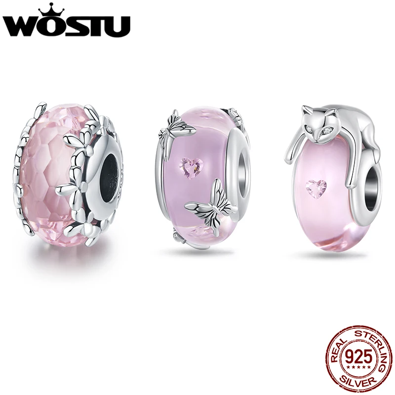 WOSTU 925 Sterling Silver Lovely Pink Murano Glass Beads Butterfly Flower Cat Charms Fit DIY Bracelet Necklace Birthday Gift