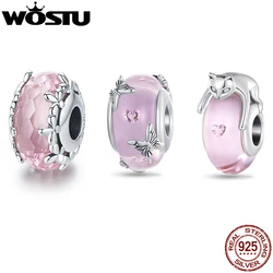 WOSTU-Cuentas de cristal de Murano rosa para pulsera, abalorios de Plata de Ley 925, mariposa, flor, gato, regalo de cumpleaños