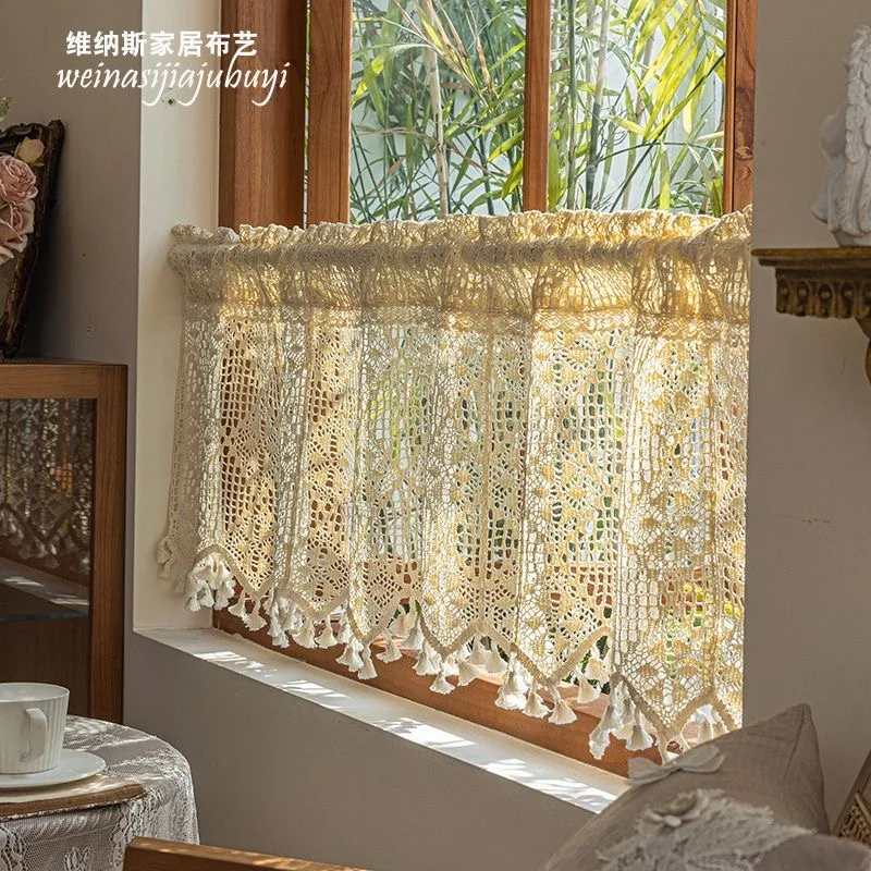 American Country Crochet Hollow Geometric Short Curtains for Roman Tassels Window Kitchen Manual  Half Curtains Valance #A581