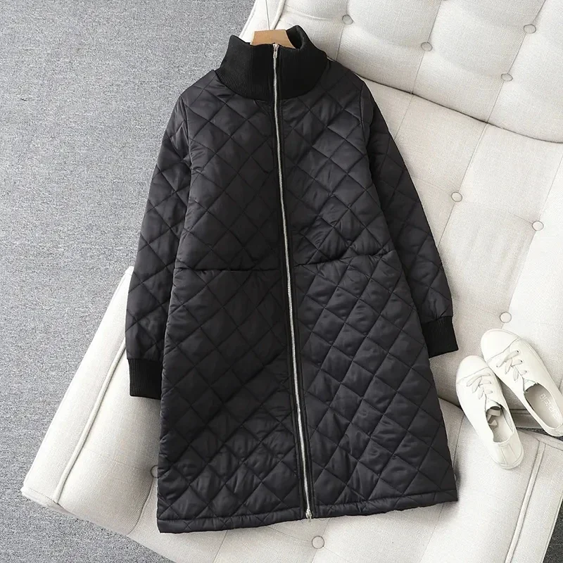 

Vintage Autumn Winter Coat Loose Casual Women's Diamond Lattice Cotton-padded Jacket Stand Collar Zipper Femme Balck Warm Parkas