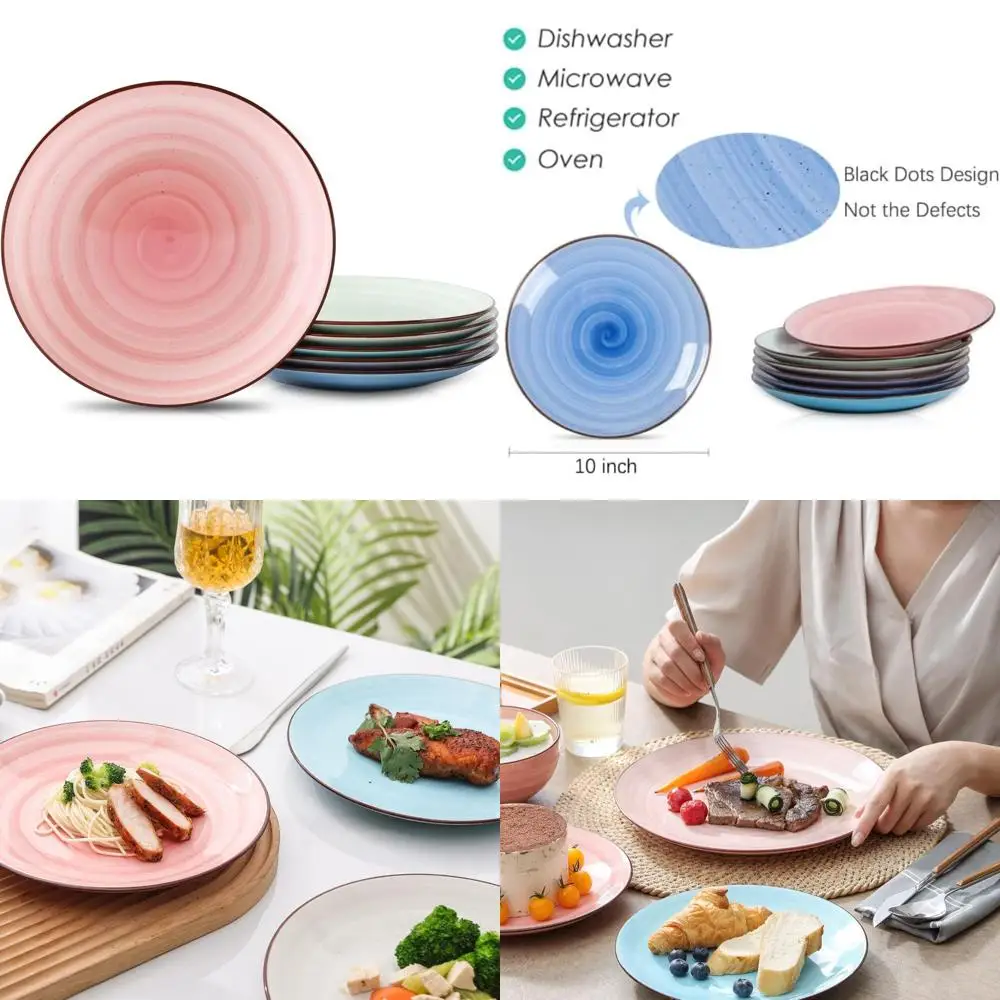 

10 Inch Ceramic Dinner Plates, Large Salad Dessert Plates, Porcelain Appetizer Serving Plate, Ideal for Pancakes and Steak, 6-Pi
