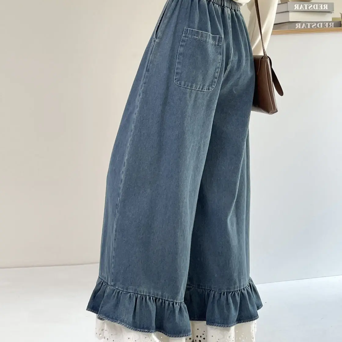 New Japanese and Korean sweet lace jeans elastic waist denim wide-leg pants casual pants trousers loose