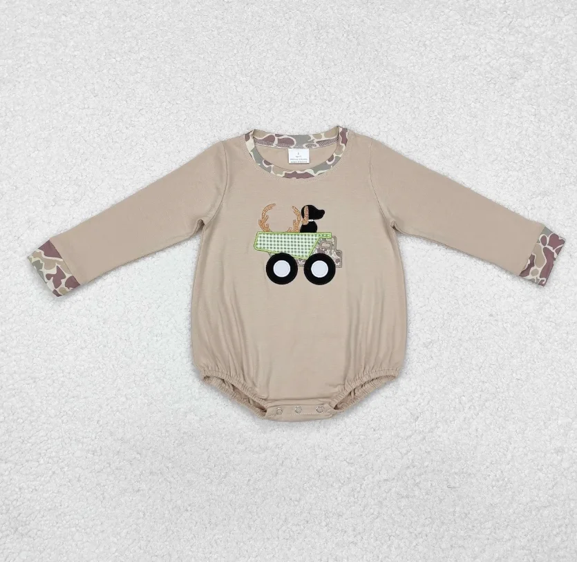 

Детский хлопковый комбинезон с пузырьками для новорожденных, детский комбинезон с длинными рукавами и вышивкой собаки, оленя, грузовика для маленьких мальчиков