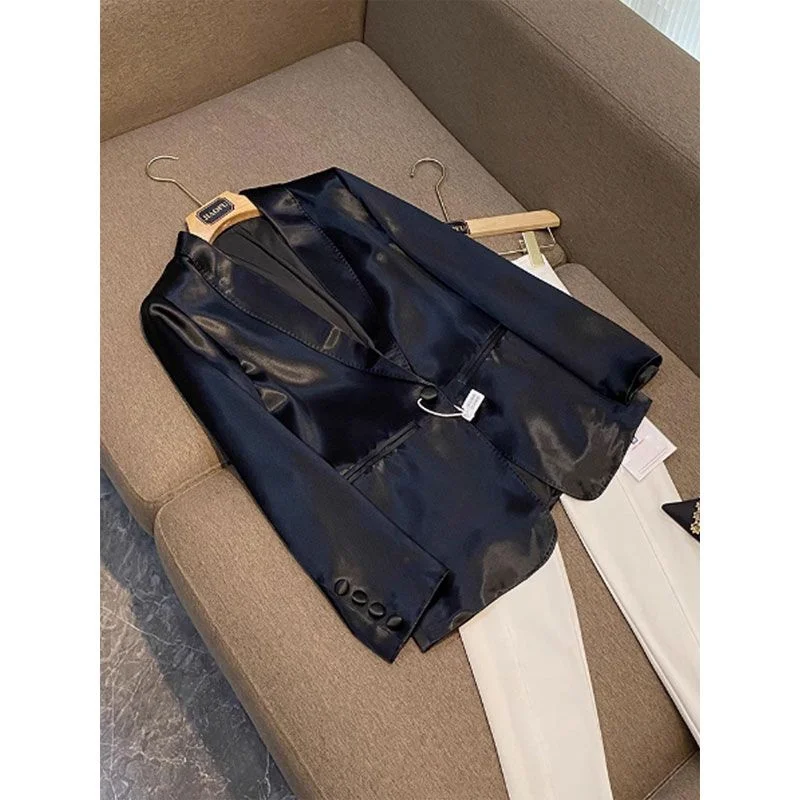 2025 Women New Korean Acetic Acid Small Suit Jacket Autumn Casual Black Medium Long Satin Versatile Suit Top Trend Leisure Coat
