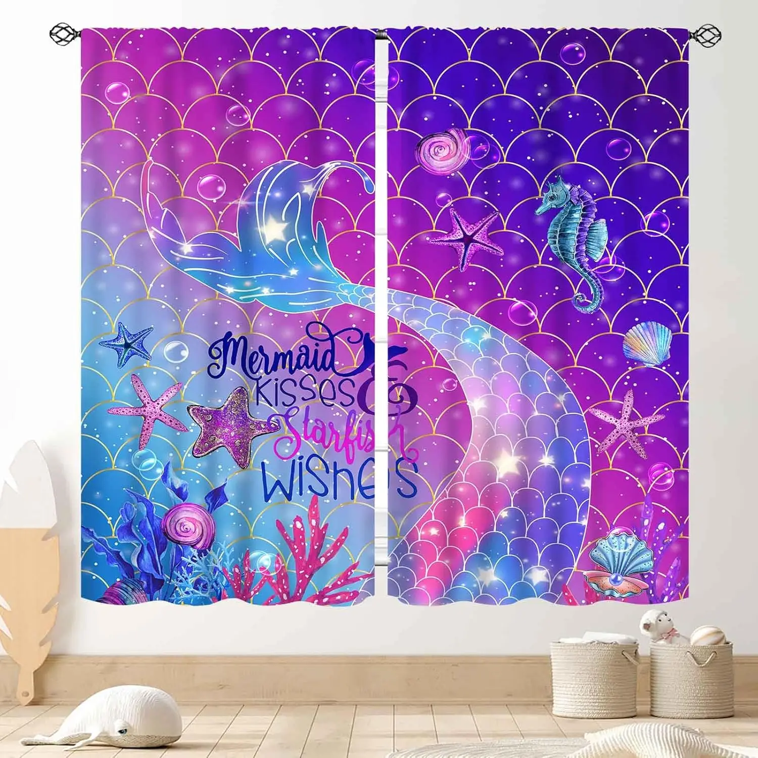 Mermaid Curtains, Rainbow Mermaid Tail Fish Scale Vibe Beach Ocean Theme Fantasy Blackout Drapes Colorful Dream Princess Window