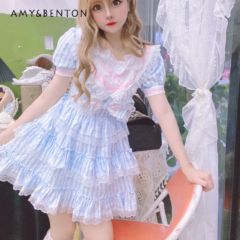 

Women's Dress 2026 Summer New Light Blue Navy Style Striped Star Print Y2K Cute Sweet Lace Splicing Puff Sleeve Dresses Ladies