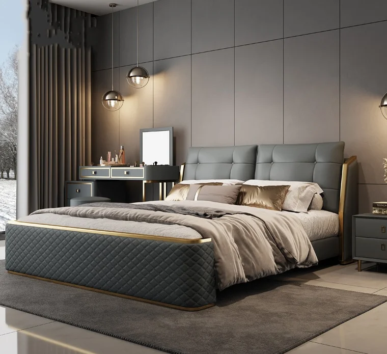 

！@Modern High Quality Metal Up-holstered Beds Bedroom Home Furniture Luxury King Queen Soft Bed Wooden Frame Designed for Hotel