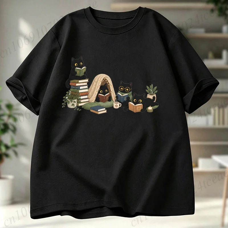 Black Cat Reading Librarian Teacher Bookish T-Shirt Aesthetic Graphic Tops Men's Women T-Shirts Summer Fashion Shirt Casual Gift view 5