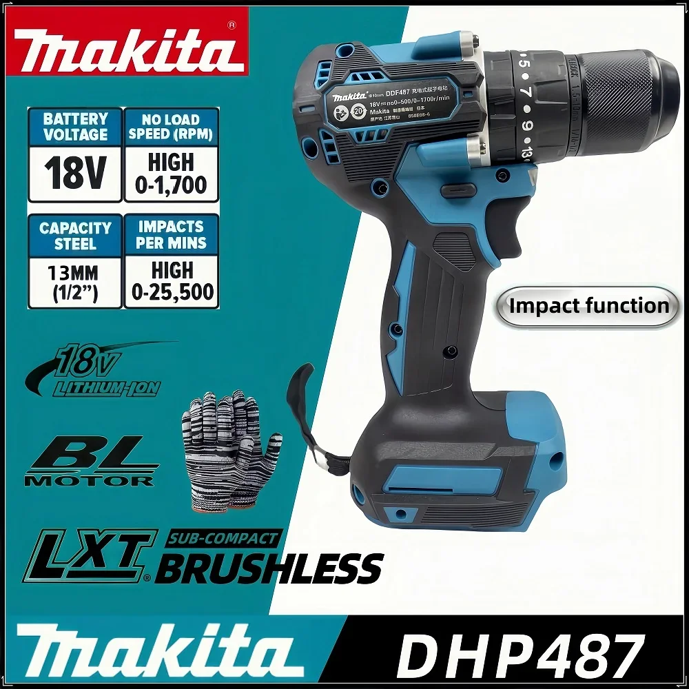 Makita DHP487 cordless drill 18V brushless motor high torque lithium battery impact electric screwdriver electric tool