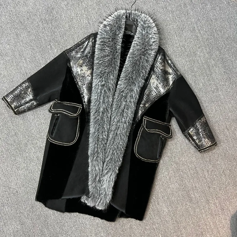 Woolen Coat Ladies 2025 Winter New Thickened Warm Faux Fur Integrated Fox Furry Collar Korean Style Loose Overcoat Outwear Women