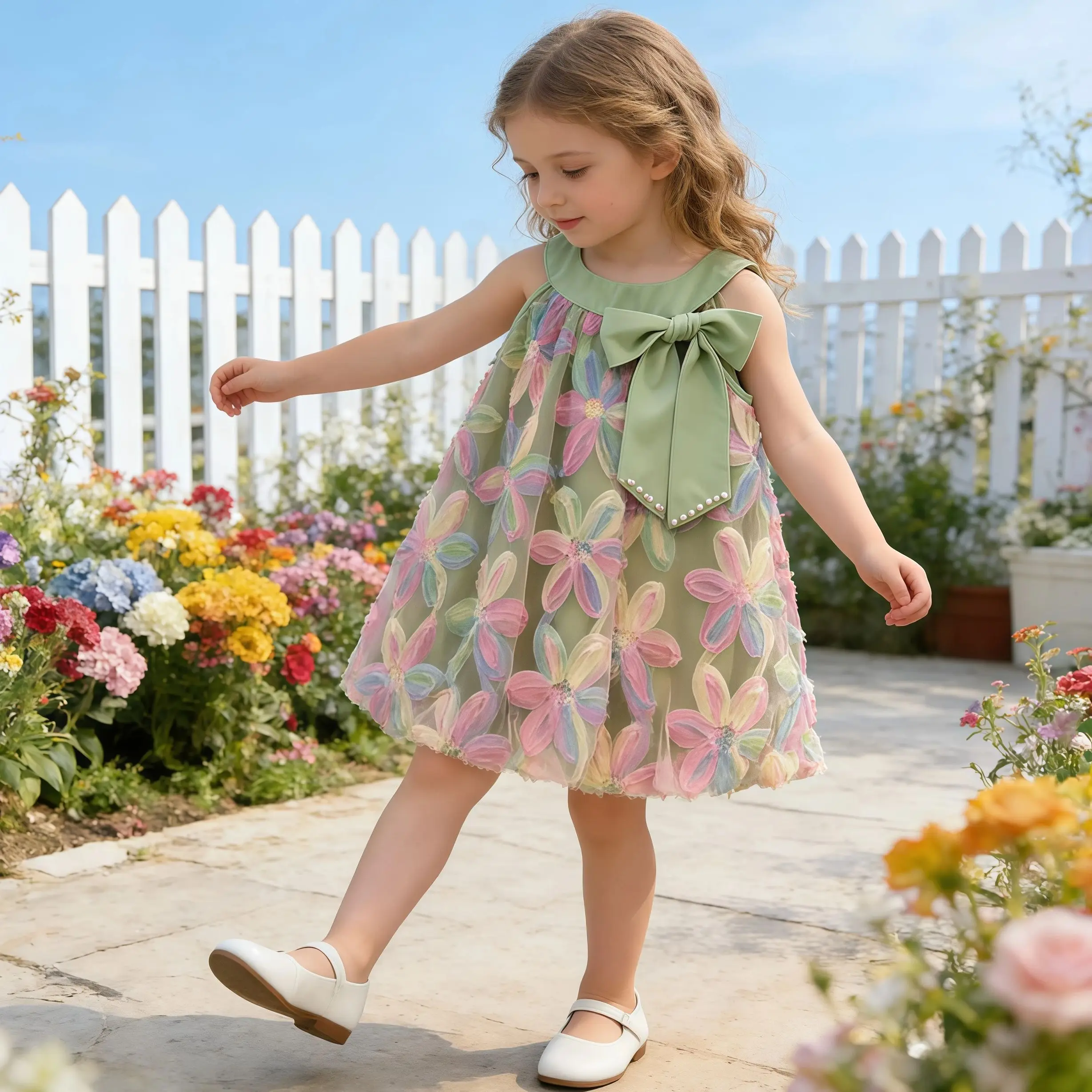 

Summer Girls Dresses Children Clothes Sleeveless Round Neck Mesh Big Bow Princess Dress Kids Rainbow Flower Tutu Holiday Dress