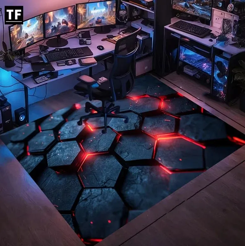 3D Crack Red Hexagon Tech Gaming Rug Non Slip Stain Resistant Floor Mat for Boys Gamer Chair Game Room Bedroom Decor