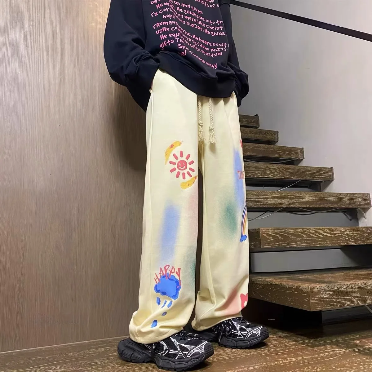 

Men's fiti Print Drapey Pants Straight Leg Casual Trousers Spring Autumn Loose Fit Hip Hop Sle Faionable Youthwear