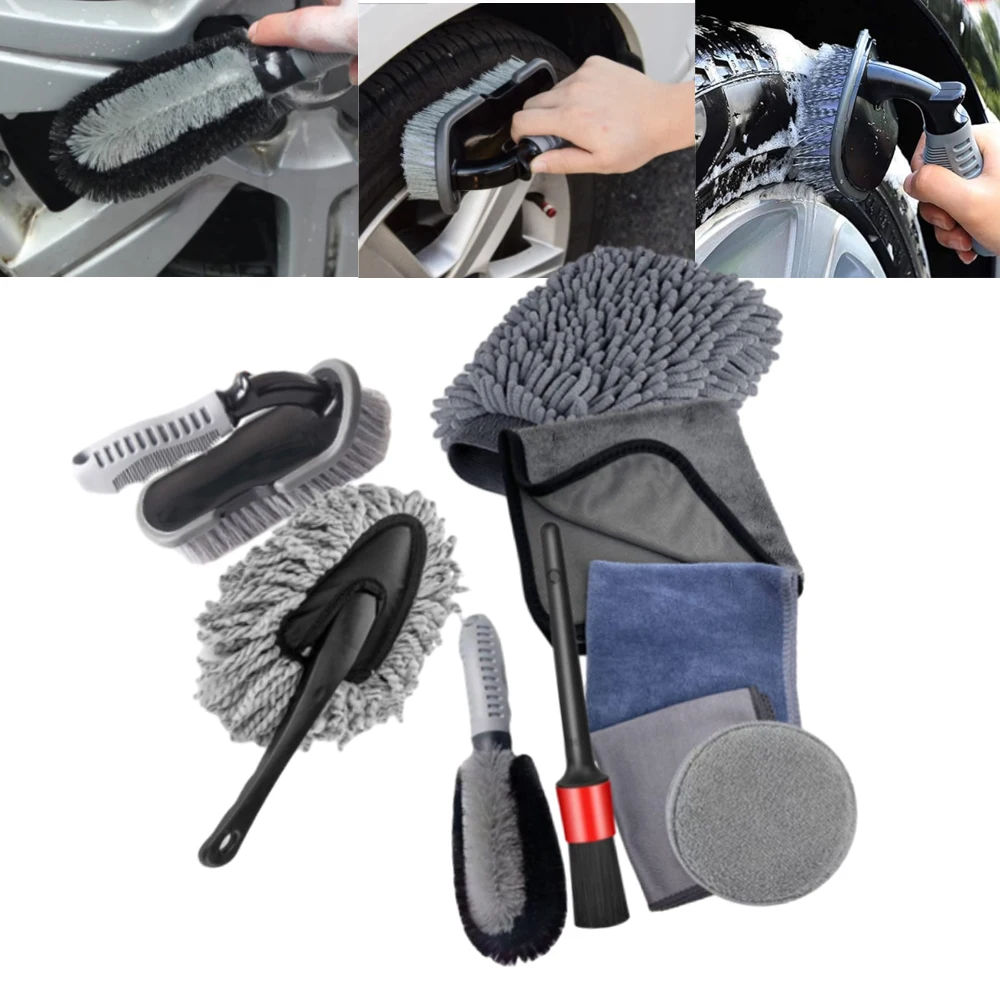 

9x Car Wash Brush Tools Set Tire Scrubber Wheel Rim Brush Trunk Motorcycle Dust Remover Car Wash Brush Gloves Care&Detailing Kit