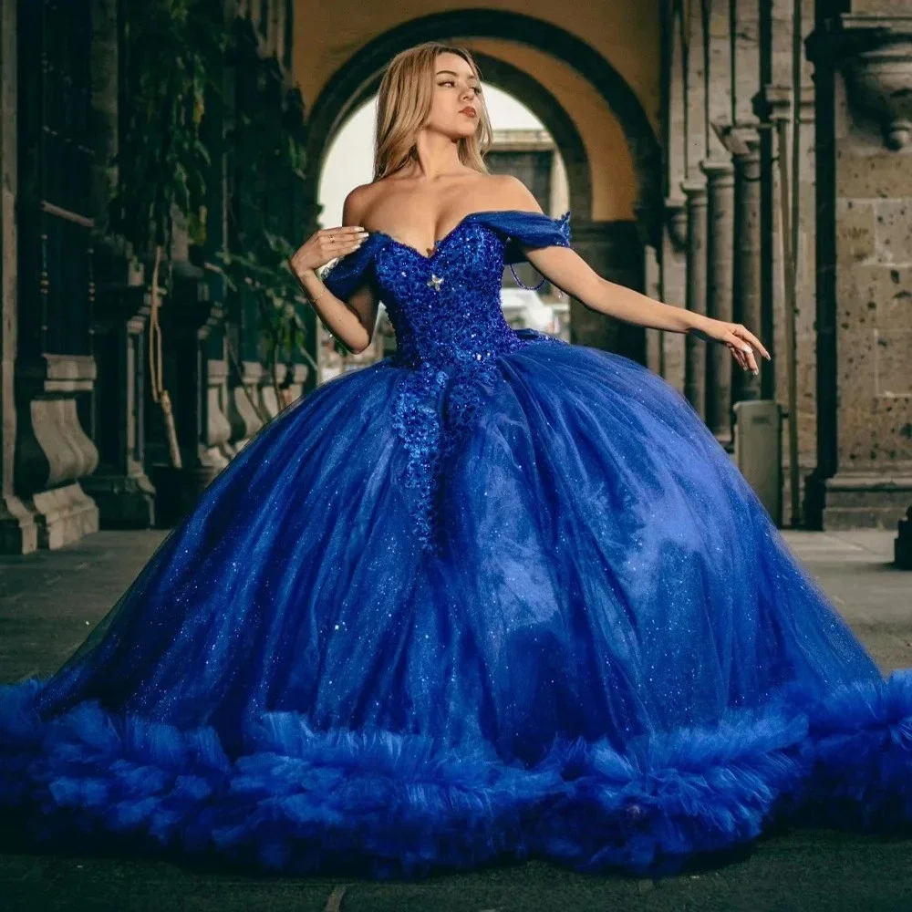 Robes de Quinceanera bleu Royal, épaules dénudées, avec des Appliques en dentelle et des strass et des perles, robe de bal douce 16 personnalisée