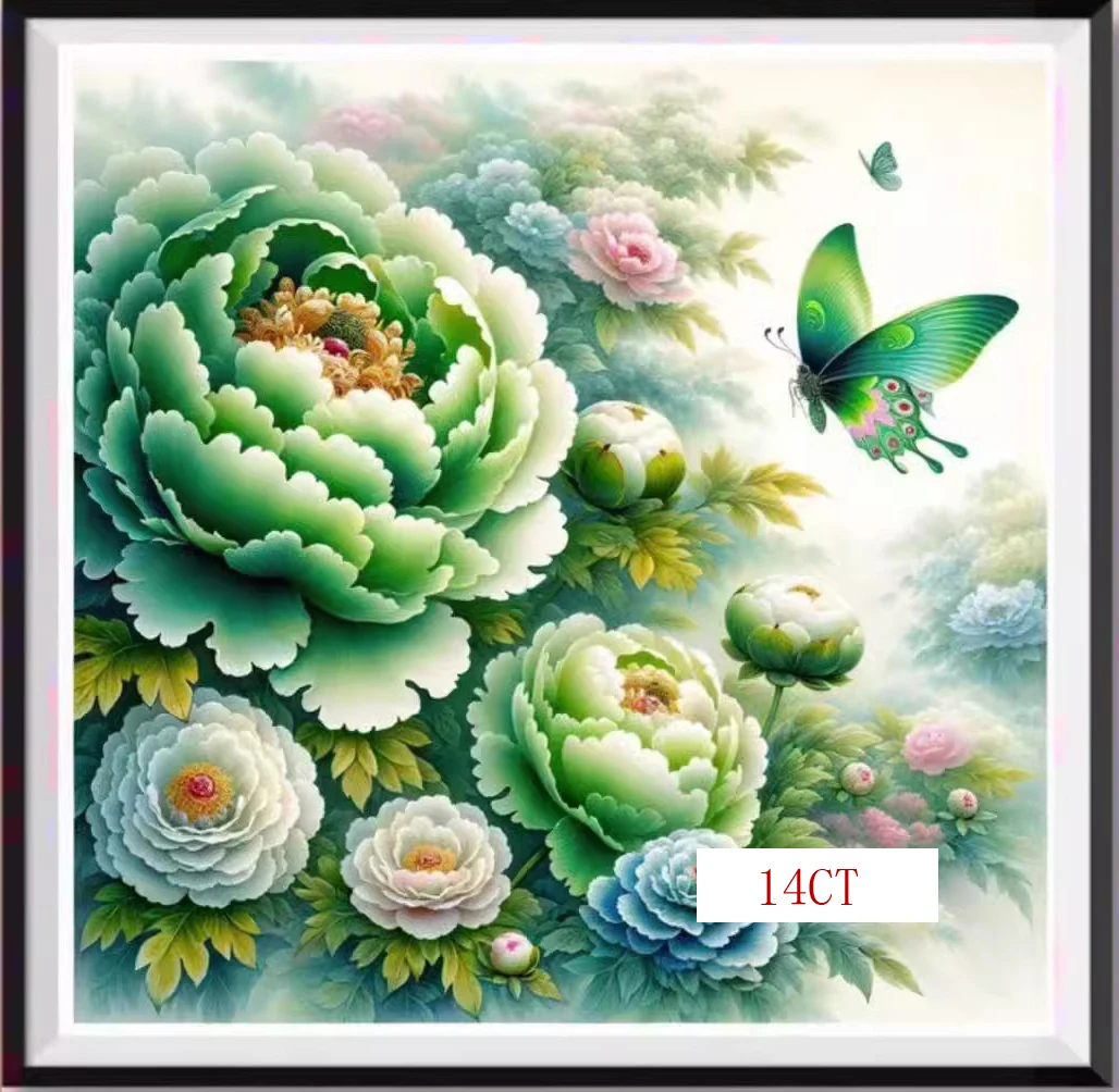 14CT 38X38CM Peony Needlework,DIY Cross Stitch Set Full Embroidery Kit, Printed Cross-stitch, Home Wall Decor 2 Styles